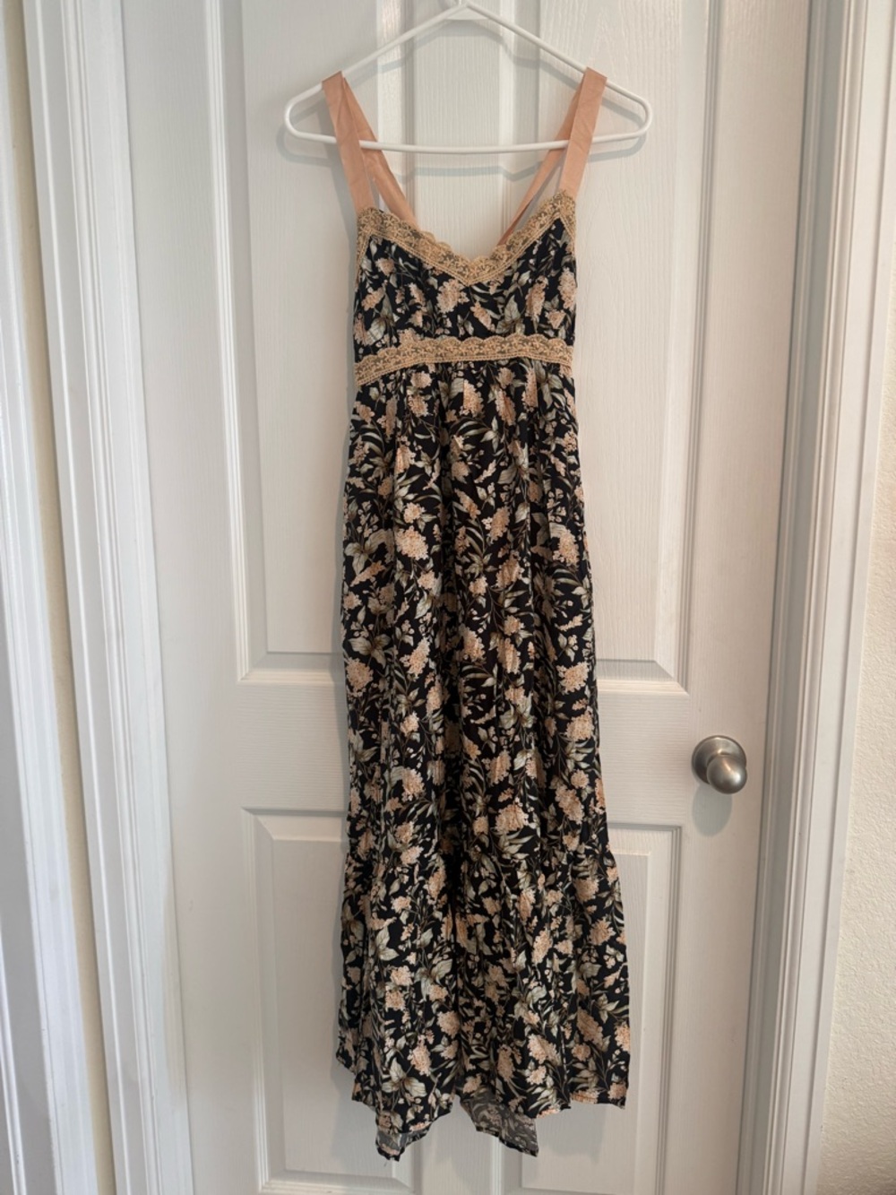 mine Black Maxi Dress with Beige Floral and Lace Accents